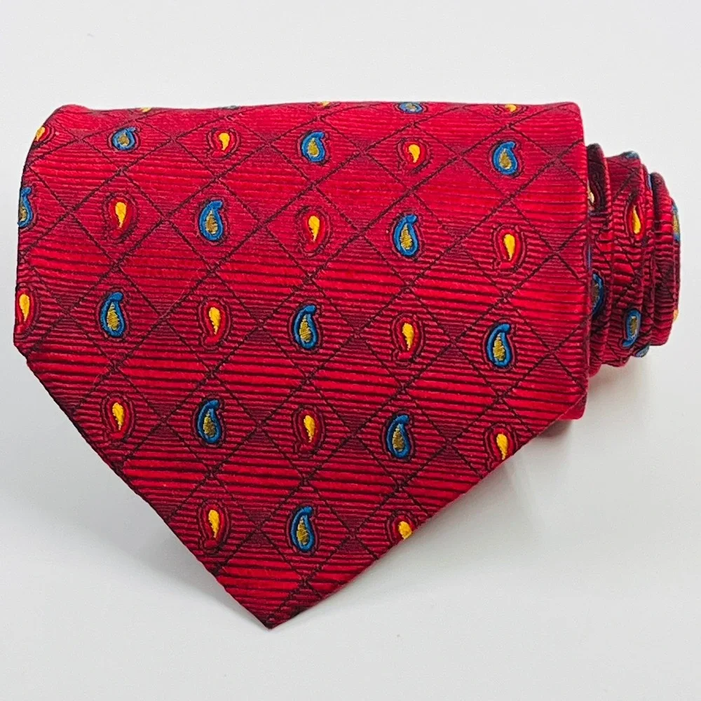 Harold Powell Silk Necktie‎ Mens OS Red Paisley Diamond Handmade Italy Wide Tie